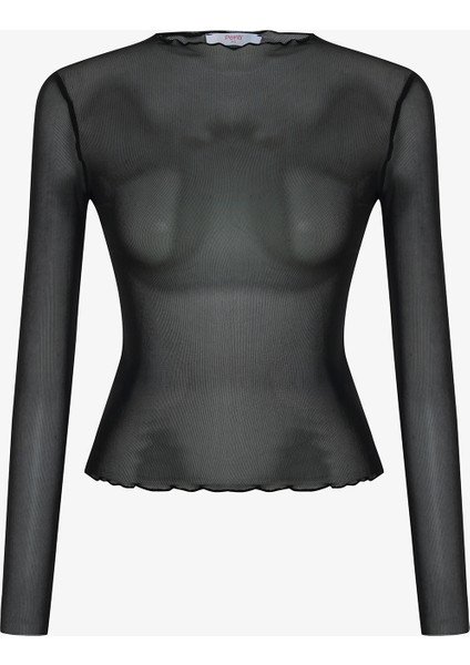 Siyah Transparan Bisiklet Yaka Uzun Kollu Üst modelleri