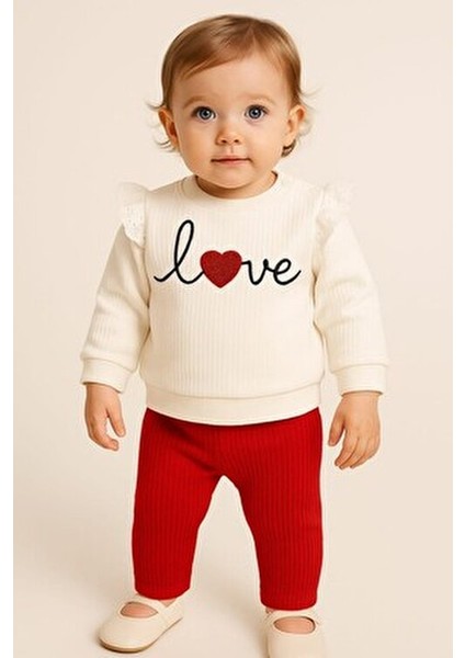 Kız Bebek/çocuk Love Kalp Nakışlı Omuzdan Çıtçıtlı Bebek Takımı 2li Alt Üst Mevsimlik Aylık 3-6-9-12