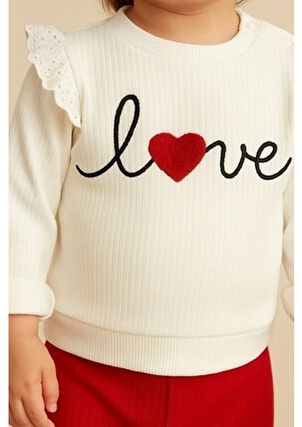 Kız Bebek/çocuk Love Kalp Nakışlı Omuzdan Çıtçıtlı Bebek Takımı 2li Alt Üst Mevsimlik Aylık 3-6-9-12 modelleri