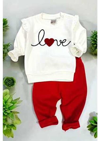 Kız Bebek/çocuk Love Kalp Nakışlı Omuzdan Çıtçıtlı Bebek Takımı 2li Alt Üst Mevsimlik Aylık 3-6-9-12