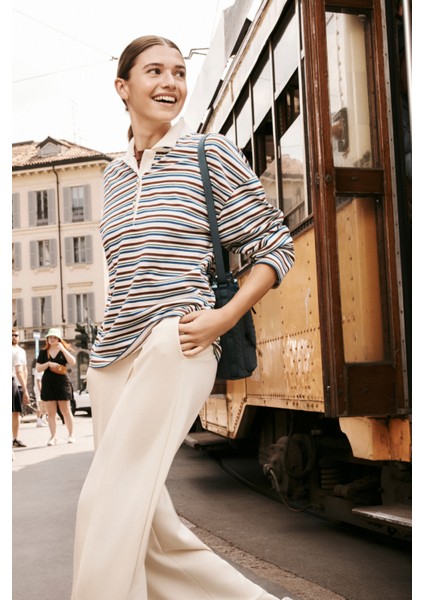 Bej Modal Yüksek Bel Düz Paça Pantolon