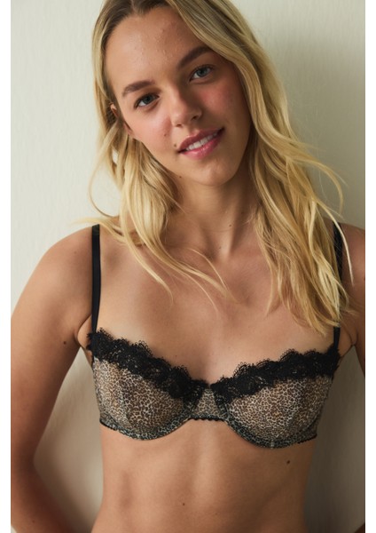 Bej Brode Detaylı Leopar Desenli Balenli Balconette Sütyen