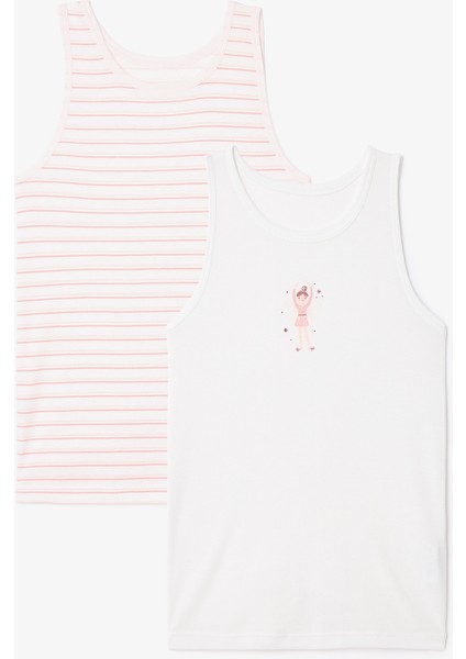 Kırık Beyaz Kız Çocuk Balerin Desenli Kalın Askılı 2'li Atlet