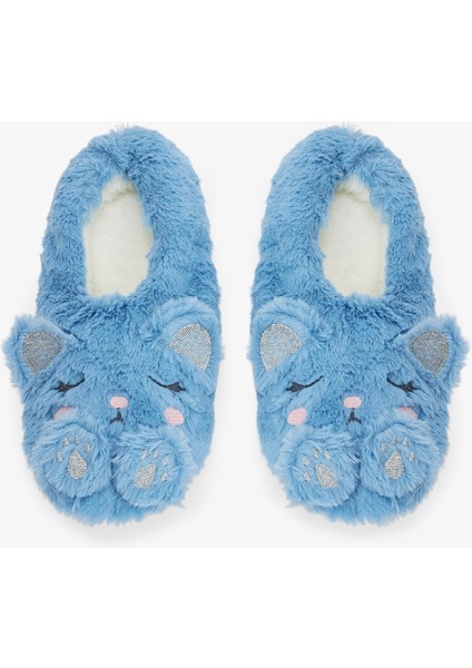 Açık Mavi Sleepy Cat Hayvan Nakışlı Ev Patiği