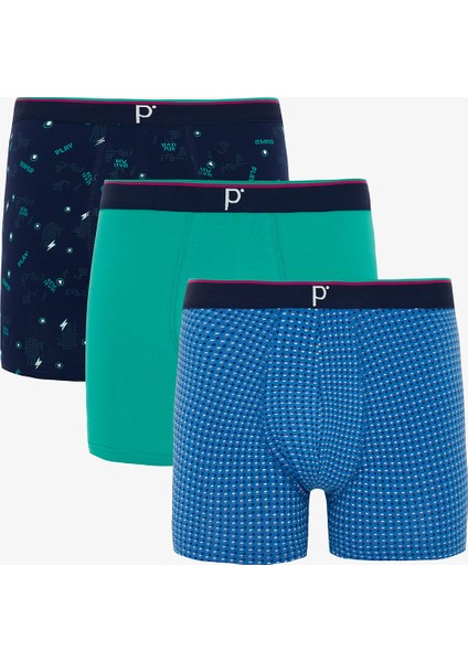 Mavi Ekoseli Erkek Organik Logolu 3'lü Boxer