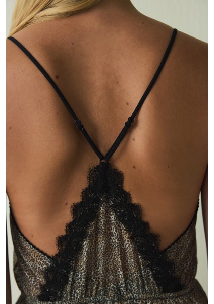 Bej Leopar Desenli Brode Detaylı Balensiz Tulum