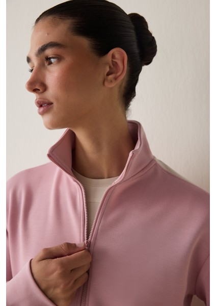 Lila Silky Feel Dik Yaka Fermuarlı Spor Ceket