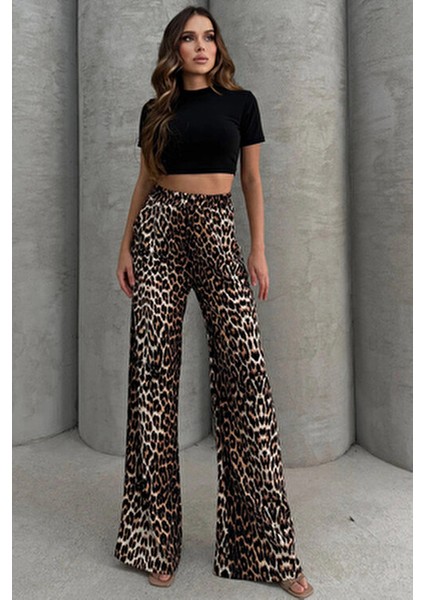 Leopar Desenli Yumuşacık Yüksel Bel Geniş Paça Likralı Jarse Pantolon Flared