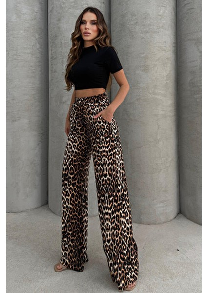 Leopar Desenli Yumuşacık Yüksel Bel Geniş Paça Likralı Jarse Pantolon Flared modelleri