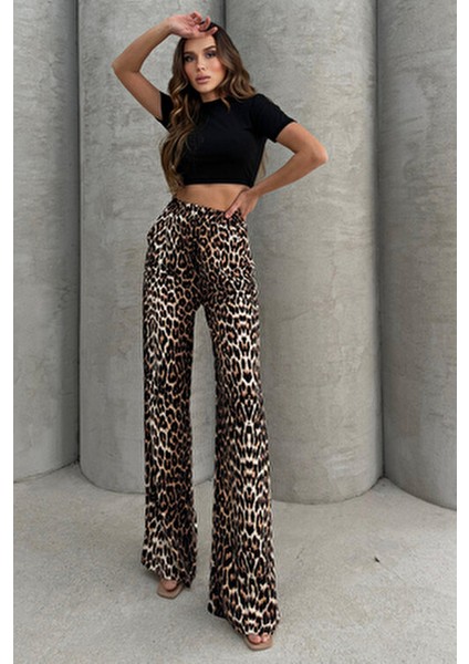 Leopar Desenli Yumuşacık Yüksel Bel Geniş Paça Likralı Jarse Pantolon Flared fırsatları