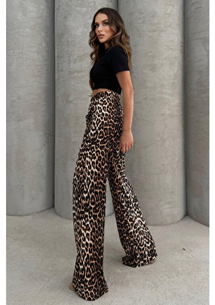 Leopar Desenli Yumuşacık Yüksel Bel Geniş Paça Likralı Jarse Pantolon Flared indirimleri