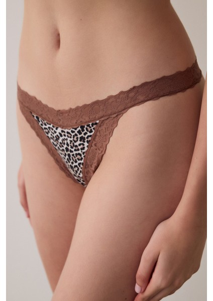 Bej Leopar Desenli Düşük Bel Pamuklu Tanga Külot