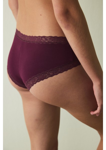 Bordo Dantel Detaylı Pamuklu Orta Bel Hipster Külot fiyatları