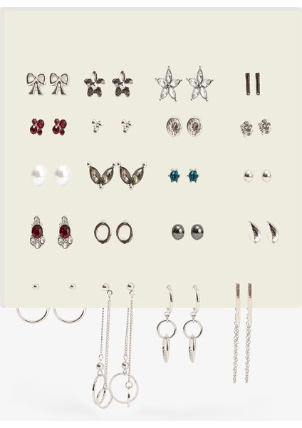 Gümüş Rengi - Antrasit Zoe 16'lı Küpe Seti