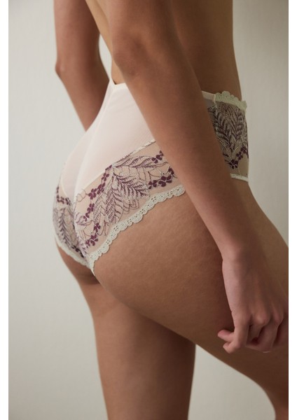 Bej Brode Işlemeli Yüksek Bel Slip Külot fiyatları