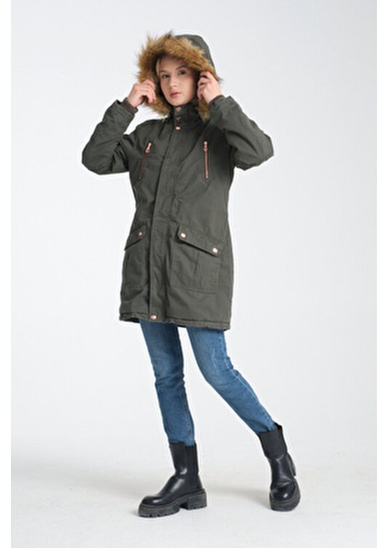 Kadın Yeşil Kapüşonu Çıkartılabilen Sıcak Tutacak Kürk Astarlı Kalın Kaban fırsatları