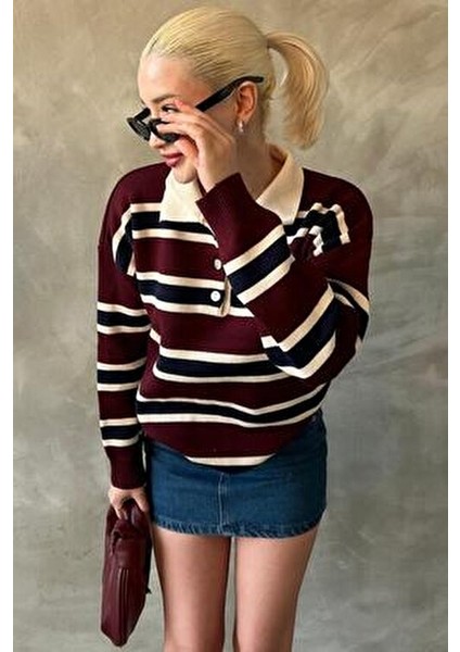 Bordo Çizgili Düğmeli Polo Yaka Kadın Triko Kazak MG2280 fiyatları