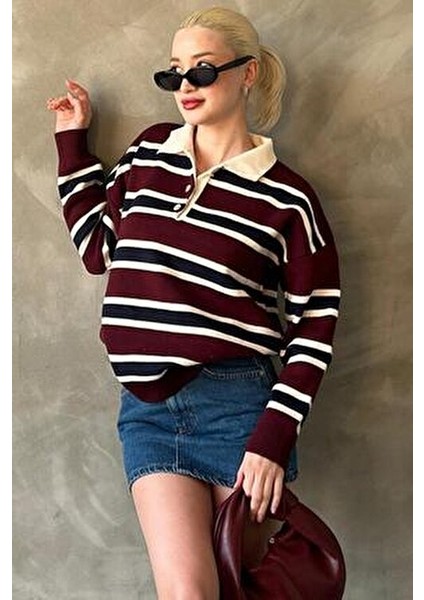Bordo Çizgili Düğmeli Polo Yaka Kadın Triko Kazak MG2280 modelleri