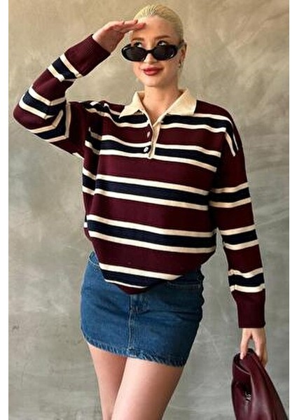Bordo Çizgili Düğmeli Polo Yaka Kadın Triko Kazak MG2280 fırsatları