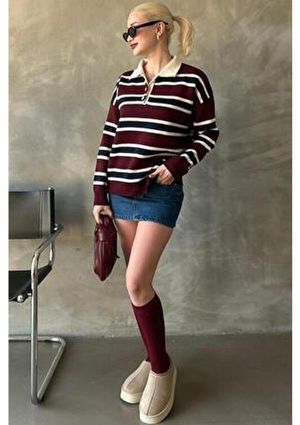 Bordo Çizgili Düğmeli Polo Yaka Kadın Triko Kazak MG2280 indirimleri