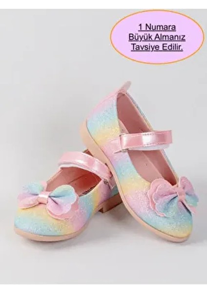 Fiyonklu, Cırtlı, Gökkuşağı Kız Çocuk Babet (Dar Kalıp 1 Numara Büyük Alınız!)