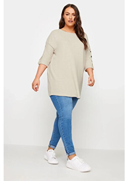 Büyük Beden Yarım Kollu Kadın Kazak Bisiklet Yaka Yumuşak Dokulu Düğme Detaylı modelleri