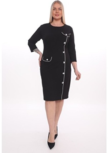 x Modapo Kadın Düğmeli Büyük Beden Triko Elbise Klasik Siyah Stil
