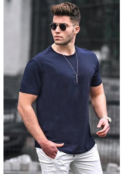 Lacivert Erkek Tişört 4951 Kısa Kol Günlük Stil %100 Pamuk Düz Desen