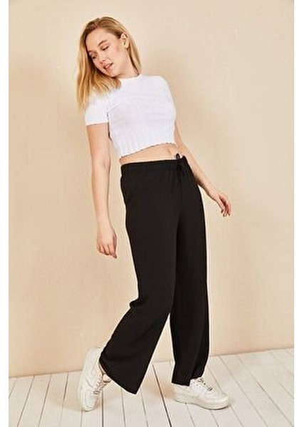Kadın Siyah Beli Lastikli Bol Paça Yazlık Pantolon Moda Bu Viskon Klasik Stil AEROBIN-865829