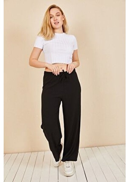 Kadın Siyah Beli Lastikli Bol Paça Yazlık Pantolon Moda Bu Viskon Klasik Stil AEROBIN-865829