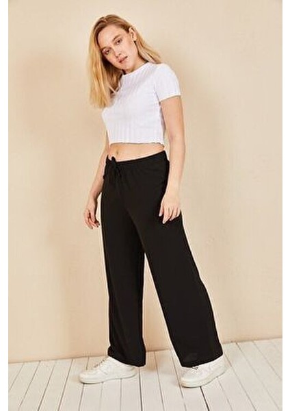 Kadın Siyah Beli Lastikli Bol Paça Yazlık Pantolon Moda Bu Viskon Klasik Stil AEROBIN-865829