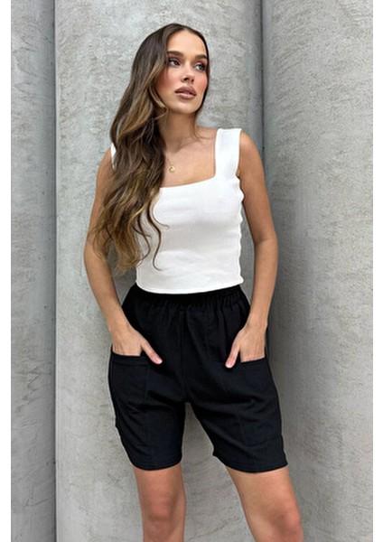 Yüksel Bel Keten Görünümlü Cepli Şort