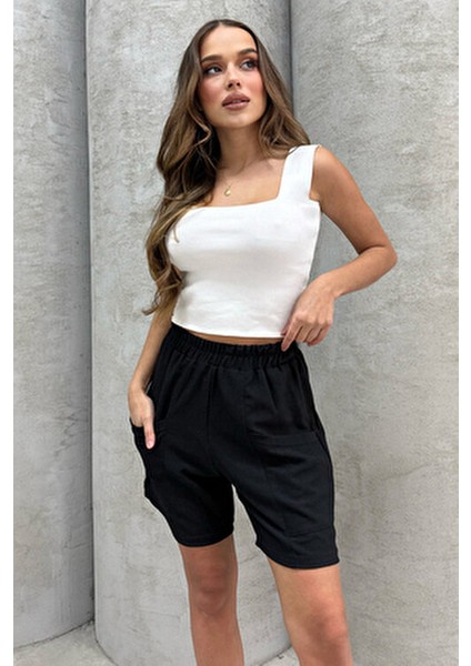 Yüksel Bel Keten Görünümlü Cepli Şort fiyatları