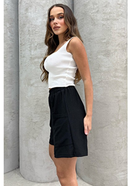 Yüksel Bel Keten Görünümlü Cepli Şort modelleri