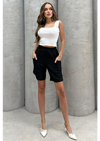 Yüksel Bel Keten Görünümlü Cepli Şort fırsatları