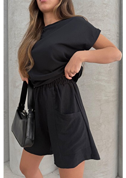 Yüksel Bel Keten Görünümlü Cepli Şort