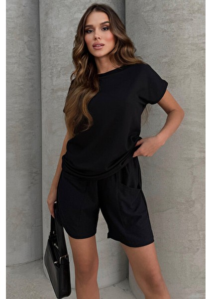 Yüksel Bel Keten Görünümlü Cepli Şort