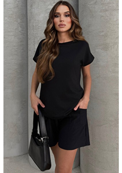 Yüksel Bel Keten Görünümlü Cepli Şort