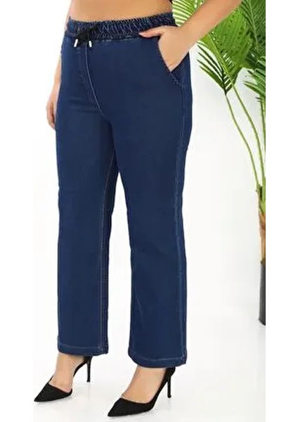 Beli Lastikli Bol Paça Kot Pantolon Likralı Yüksek Bel Lacivert G115-1