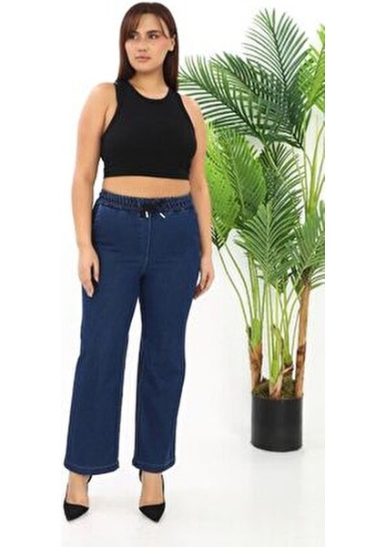 Beli Lastikli Bol Paça Kot Pantolon Likralı Yüksek Bel Lacivert G115-1 modelleri