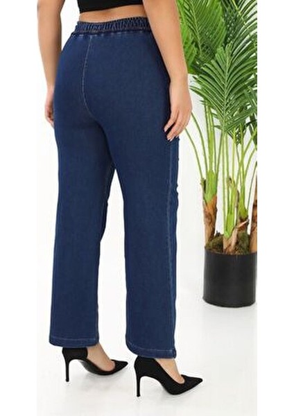 Beli Lastikli Bol Paça Kot Pantolon Likralı Yüksek Bel Lacivert G115-1 fırsatları
