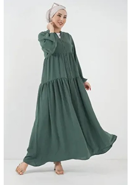 2527 Kadın Uzun Tesettür Elbise - Zümrüt Yeşili