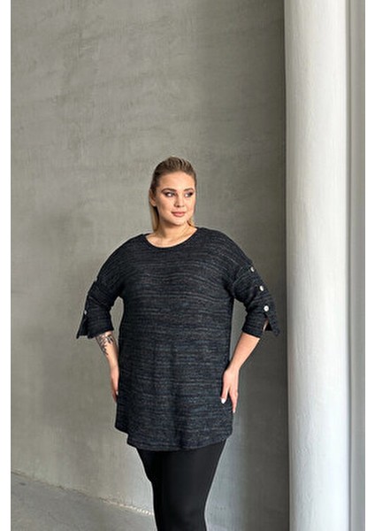 Büyük Beden Yarım Kollu Bisiklet Yaka Düğme Detaylı Kırçıllı Kazak 303691