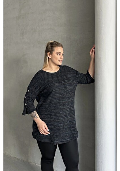 Büyük Beden Yarım Kollu Bisiklet Yaka Düğme Detaylı Kırçıllı Kazak 303691 fırsatları