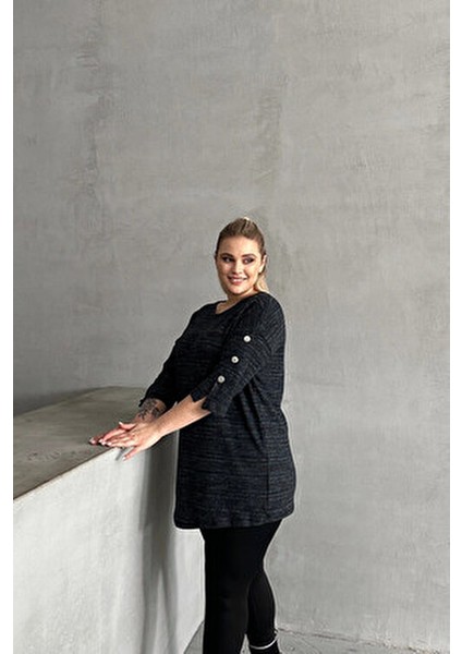 Büyük Beden Yarım Kollu Bisiklet Yaka Düğme Detaylı Kırçıllı Kazak 303691 indirimleri