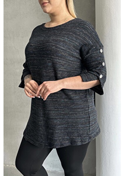 Büyük Beden Yarım Kollu Bisiklet Yaka Düğme Detaylı Kırçıllı Kazak 303691