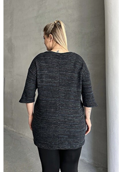 Büyük Beden Yarım Kollu Bisiklet Yaka Düğme Detaylı Kırçıllı Kazak 303691