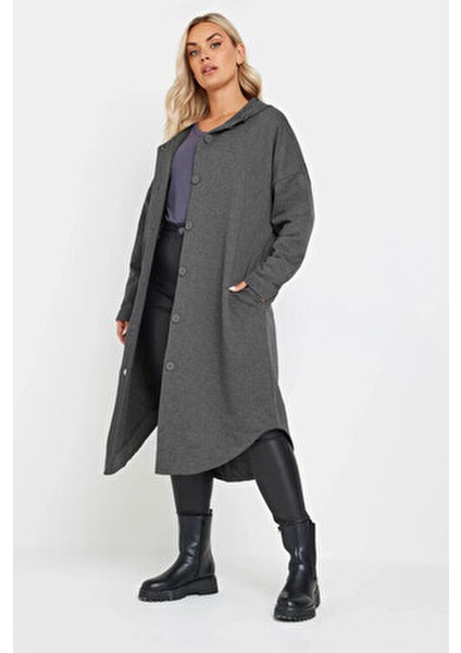 Kadın Büyük Beden Kapüşonlu Cepli Uzun Ceket Düğme Kapamalı Dokuma Kumaş
