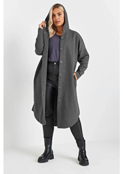 Kadın Büyük Beden Kapüşonlu Cepli Uzun Ceket Düğme Kapamalı Dokuma Kumaş fiyatları