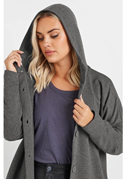 Kadın Büyük Beden Kapüşonlu Cepli Uzun Ceket Düğme Kapamalı Dokuma Kumaş fırsatları